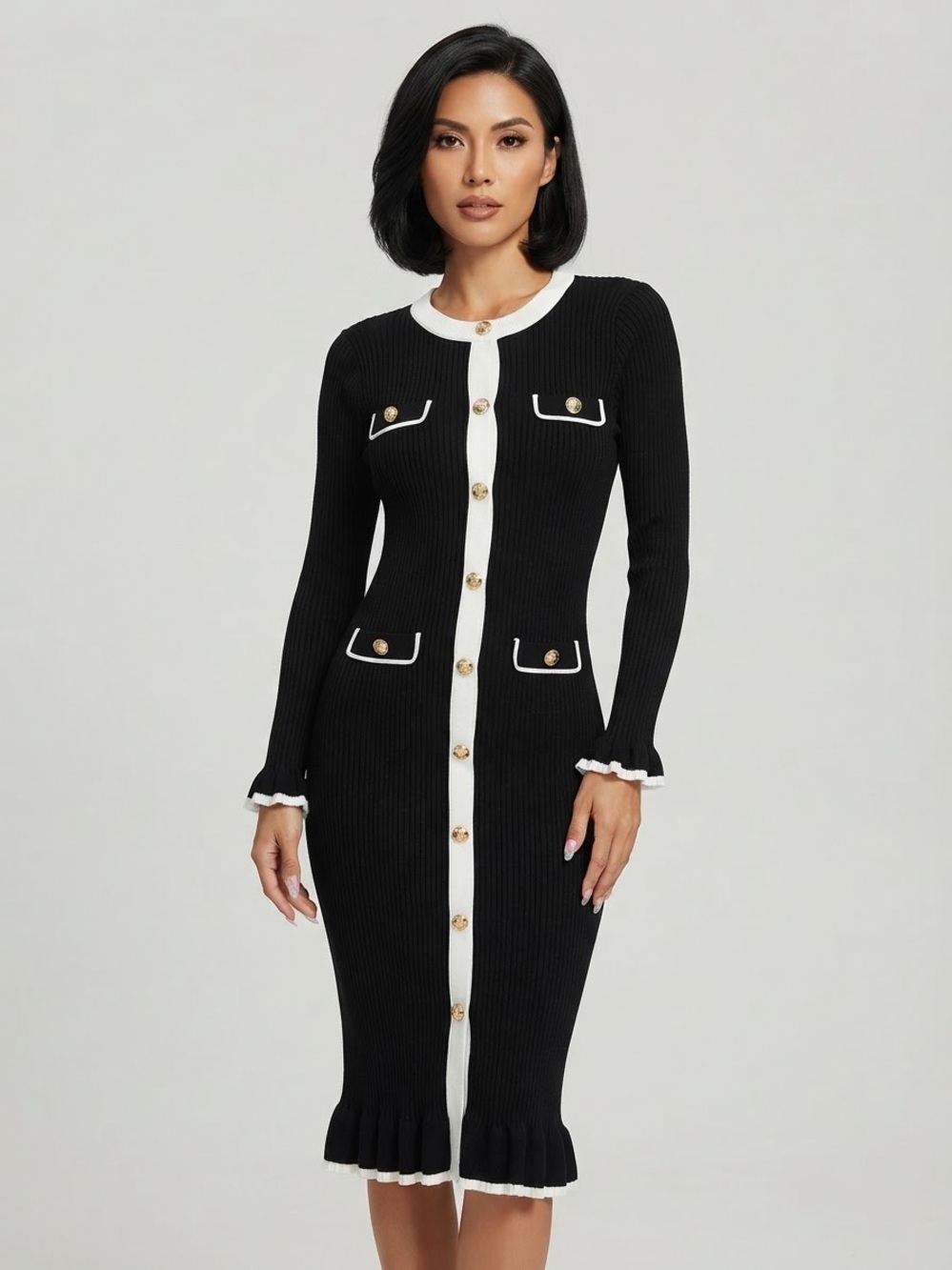 Black Long-Sleeve Button-Front Knit Midi Dress with White Trim